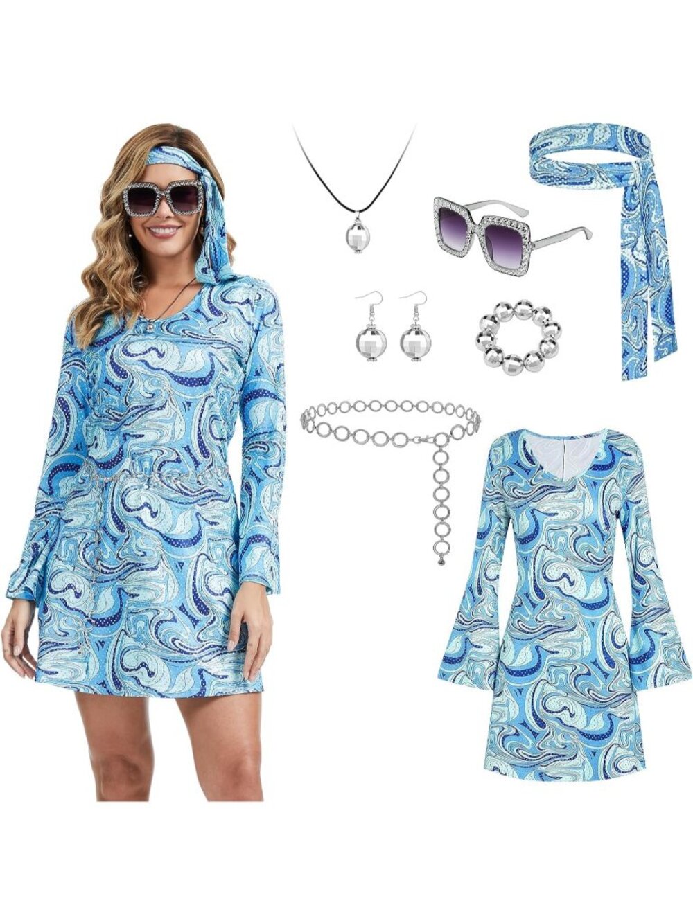 Women's Blue 60s 70s Hippie Costume Dress Retro Disco Mini Halloween Party